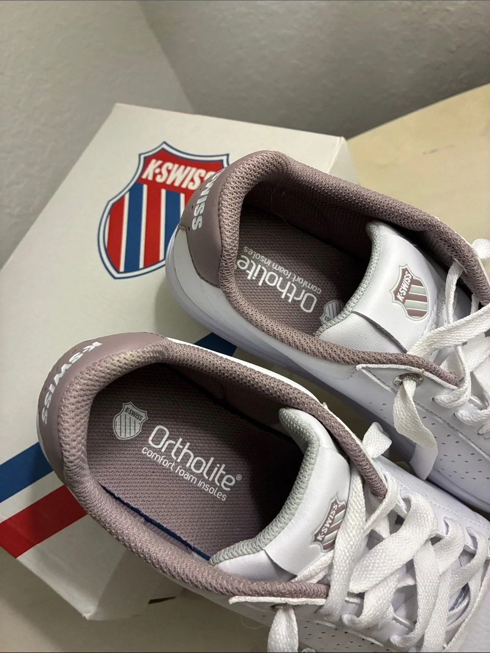 K-Swiss Base Court White Sneakers with Lavender Accents